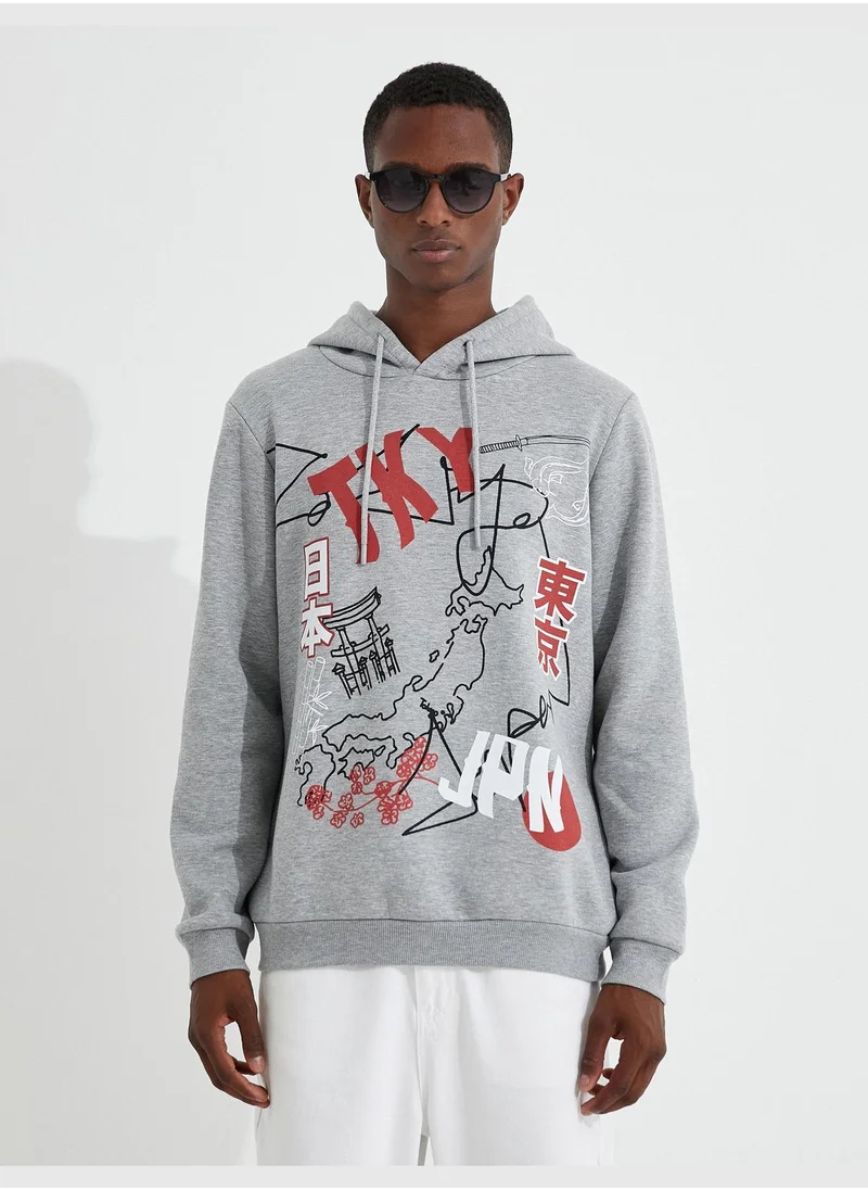 KOTON Basic Hoodie Slogan Printed Long Sleeve