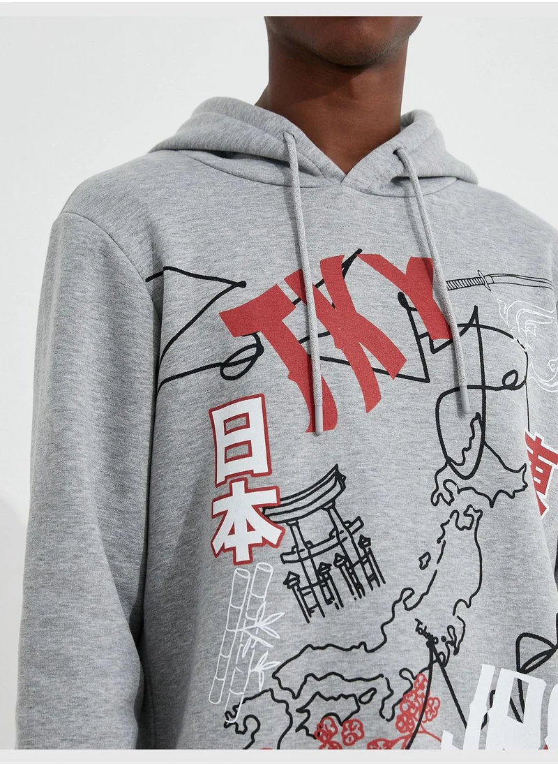 KOTON Basic Hoodie Slogan Printed Long Sleeve