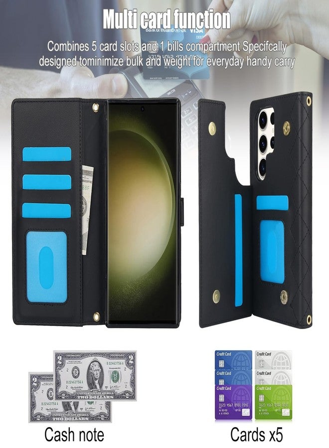 أسو ويش جراب هاتف Asuwish لهاتف سامسونج جالاكسي S23 ألترا 5G، غطاء محفظة مع واقي شاشة من الزجاج المقوى وحامل لبطاقات RFID وحزام للمعصم، S23Ultra 23S S 23 23Ultra، مقاس 6.8 بوصة، أسود، مناسب للرجال والنساء - Image 3