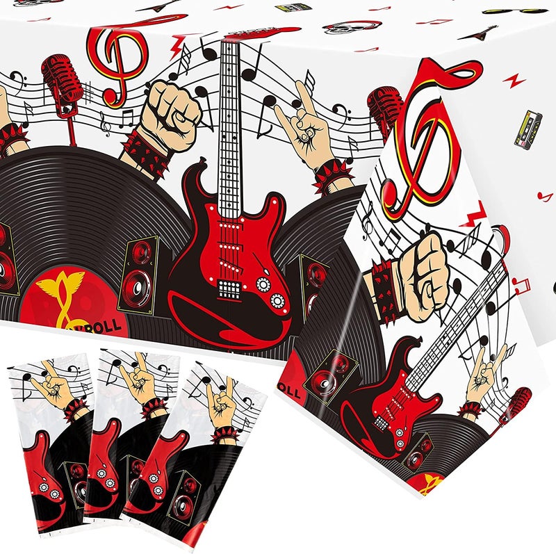 BeYumi 3Pcs Rock and Roll Party Tablecloths 1950s Star Guitar Disposable Plastic Waterproof Rectangular Table Covers for 50s 60s Born to Rock Music Theme Birthday Party Decorations Supplies