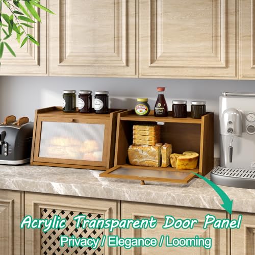 kiplant Bread Box for Kitchen Counter, Large Bamboo Bread Storage Container with Wavy Arcylic Door, Bamboo Wooden Farmhouse Bread Box for Your House (Brown, Medium) - Image 3
