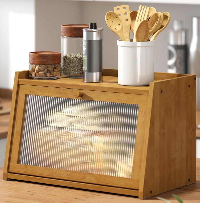 kiplant Bread Box for Kitchen Counter, Large Bamboo Bread Storage Container with Wavy Arcylic Door, Bamboo Wooden Farmhouse Bread Box for Your House (Brown, Medium) - Image 1