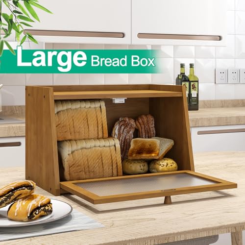 kiplant Bread Box for Kitchen Counter, Large Bamboo Bread Storage Container with Wavy Arcylic Door, Bamboo Wooden Farmhouse Bread Box for Your House (Brown, Medium) - Image 2