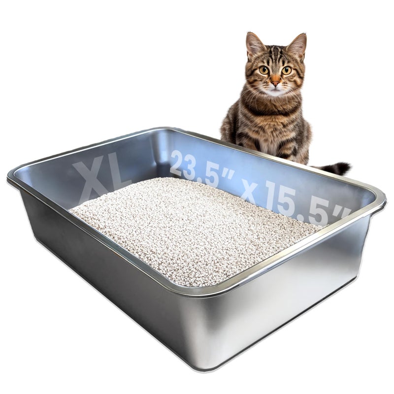iPrimio Stainless Steel Litter Box - No Stick Litter Pan for Cats - XL Cat Box with Teflon Coating - Never Absorbs Odor or Rust - Ergonomic, Easy to Clean, Durable, Nonstick, Spacious Litter Pan - Image 1
