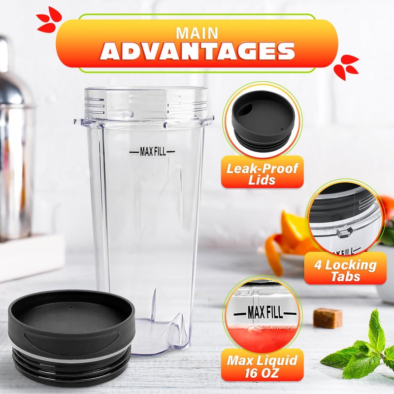 KETAR 2Pcs Single Serve Blender Cup with Lid - 16 Oz Cup Blender for Smoothies Ninja Blender Cups Replacement - 4 Tabs Single Serving Blender Bottle Lid For Bl770 Bl780 Bl660 Bl740 Nutri Ninja Blenders - Image 5