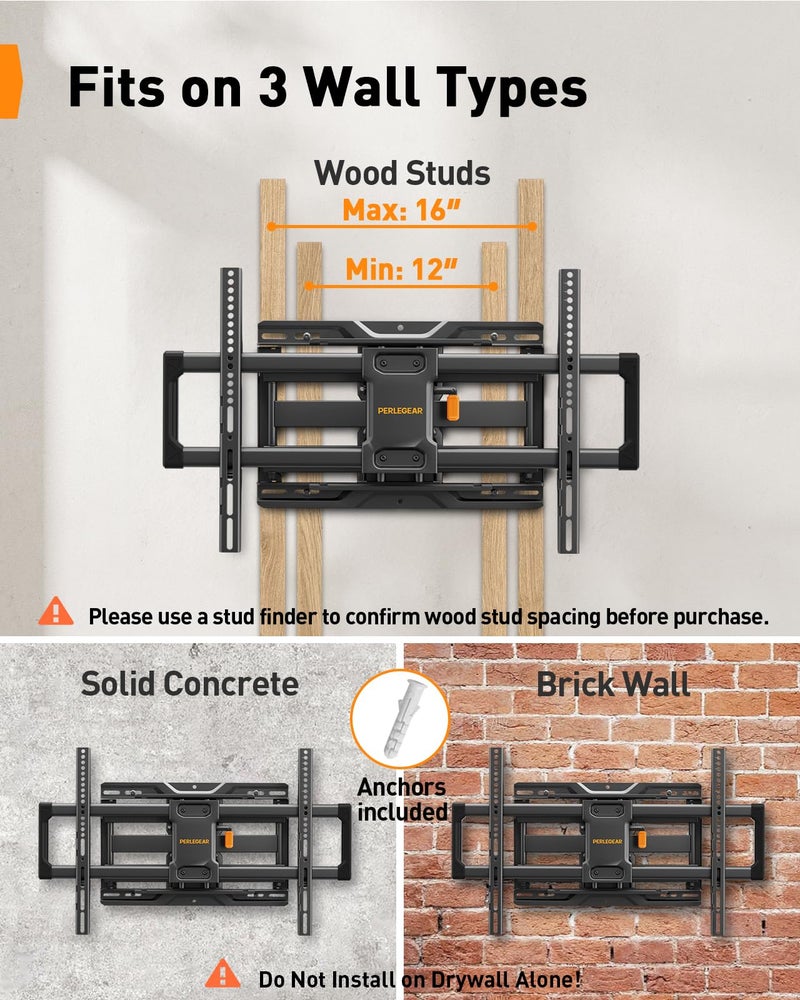 Perlegear Full Motion TV Wall Mount, Heavy Duty TV Mount for 42 55 65 75 85 86 inch Flat/Curved TVs up to 132 lbs, Swivel Tilt Articulating Wall Mount TV Bracket, 16" Studs, Max VESA 600x400mm, PGLF12 - Image 4