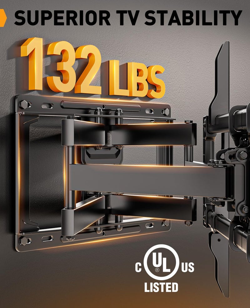 Perlegear Full Motion TV Wall Mount, Heavy Duty TV Mount for 42 55 65 75 85 86 inch Flat/Curved TVs up to 132 lbs, Swivel Tilt Articulating Wall Mount TV Bracket, 16" Studs, Max VESA 600x400mm, PGLF12 - Image 3