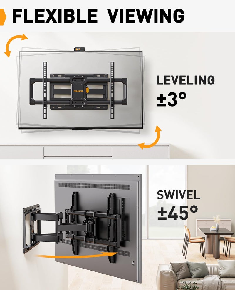 Perlegear Full Motion TV Wall Mount, Heavy Duty TV Mount for 42 55 65 75 85 86 inch Flat/Curved TVs up to 132 lbs, Swivel Tilt Articulating Wall Mount TV Bracket, 16" Studs, Max VESA 600x400mm, PGLF12 - Image 5