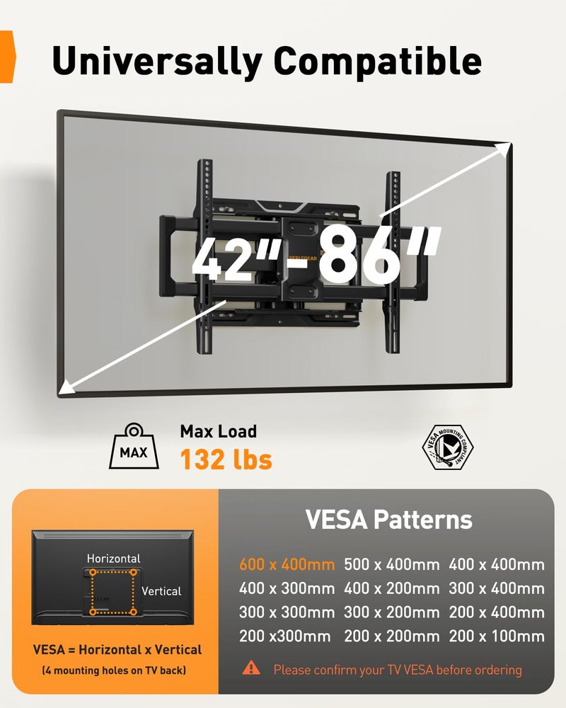 Perlegear Full Motion TV Wall Mount, Heavy Duty TV Mount for 42 55 65 75 85 86 inch Flat/Curved TVs up to 132 lbs, Swivel Tilt Articulating Wall Mount TV Bracket, 16" Studs, Max VESA 600x400mm, PGLF12 - Image 2