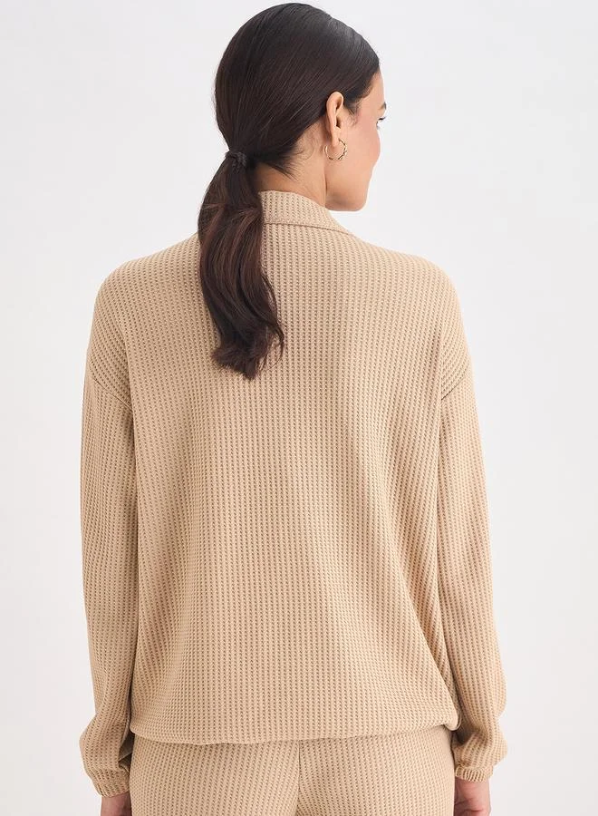 Femmella Women Beige Waffle Knit Zip Up Top
