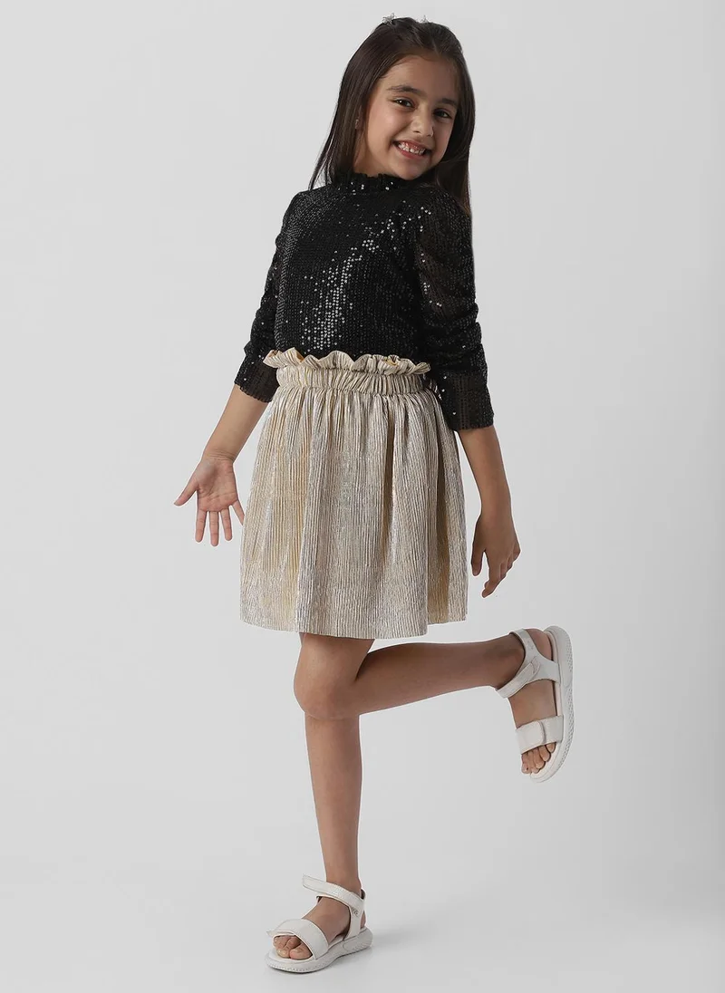 Nautinati Nautinati Girls Frilled Neckline Stylised Sleeve Sequin Partywear Combo Set of Top and Skirt