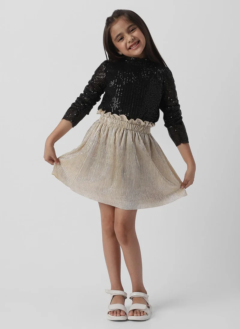 Nautinati Nautinati Girls Frilled Neckline Stylised Sleeve Sequin Partywear Combo Set of Top and Skirt