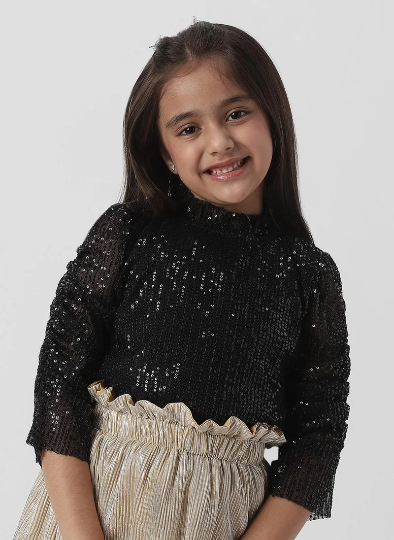 Nautinati Nautinati Girls Frilled Neckline Stylised Sleeve Sequin Partywear Combo Set of Top and Skirt