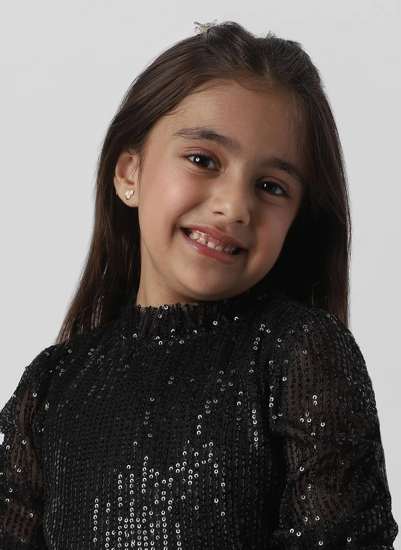 Nautinati Nautinati Girls Frilled Neckline Stylised Sleeve Sequin Partywear Combo Set of Top and Skirt