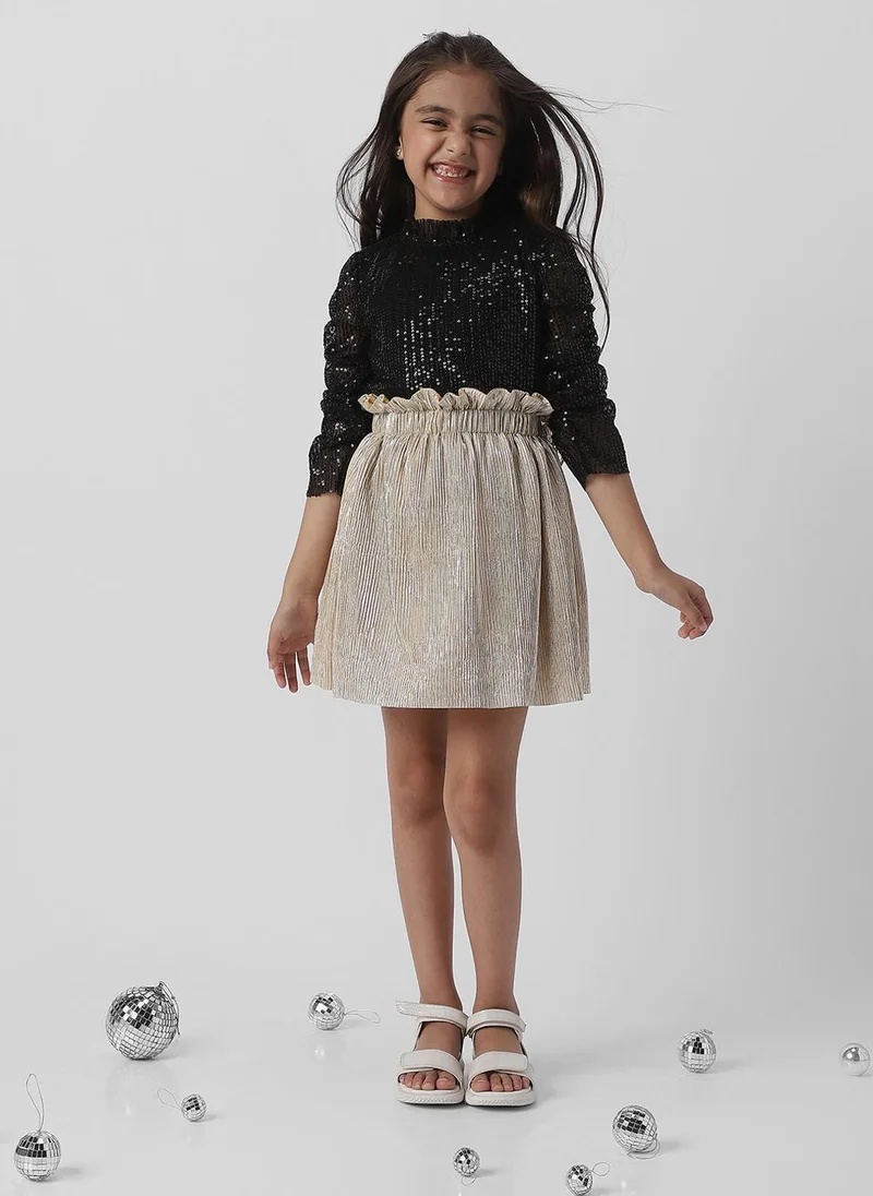 Nautinati Nautinati Girls Frilled Neckline Stylised Sleeve Sequin Partywear Combo Set of Top and Skirt