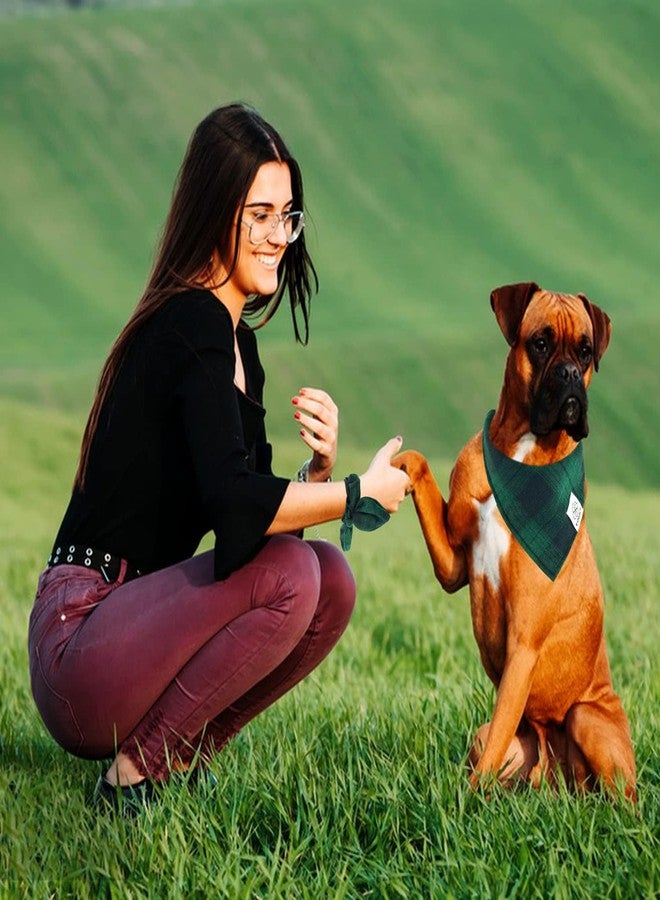 E-Clover Christmas Dog Bandanas Boy & Matching Scrunchie Set Plaid Dog Bibs Scarf Triangle Kerchief Bandana for Medium Large Dogs Birthday Gifts Pet Owner Mom Green Winter - Image 2