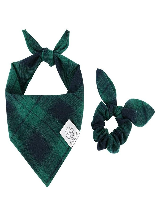 E-Clover Christmas Dog Bandanas Boy & Matching Scrunchie Set Plaid Dog Bibs Scarf Triangle Kerchief Bandana for Medium Large Dogs Birthday Gifts Pet Owner Mom Green Winter - Image 1