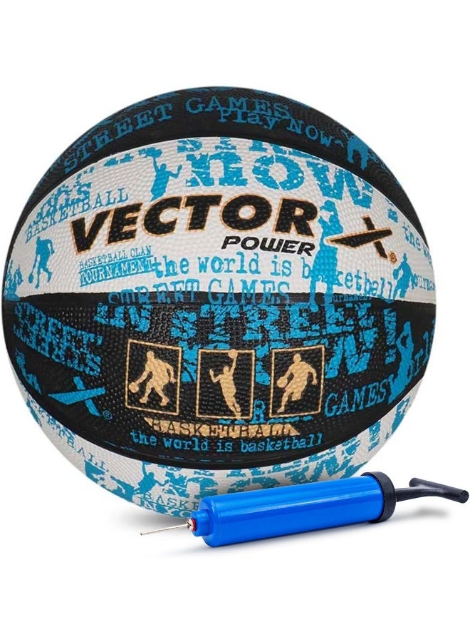 Vector X Power Rubber Basketball – Durable Training & Match Ball with Free Pump & Air Needle, Size 7, Black-White-Blue - Image 1