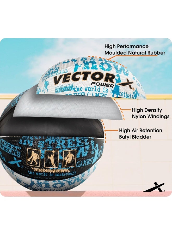 Vector X Power Rubber Basketball – Durable Training & Match Ball with Free Pump & Air Needle, Size 7, Black-White-Blue - Image 2