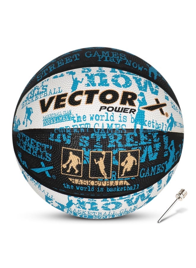 Vector X Power Rubber Basketball – Durable Training & Match Ball with Free Pump & Air Needle, Size 7, Black-White-Blue - Image 1