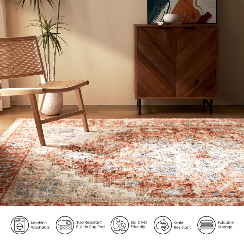 SLEEP ZONE 4x6 Area Rug for Bedroom, Machine Washable Area Rugs for Living Room, Low Pile Lightweight Non Slip Carpet, Vintage Rug for Dining Room, Home Office, Brick - Image 4