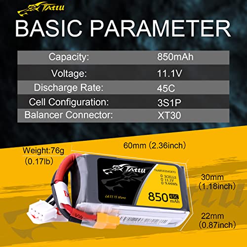 Tattu 850mAh 11.1V 45C 3S LiPo Battery Pack with XT30 Plug for Multirotor FPV 150 180 Size Quadcopter - Image 2