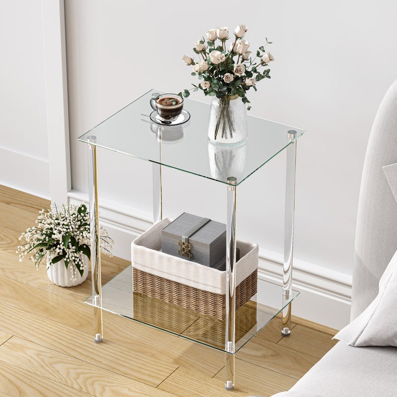 IRCPEN Tempered Glass Side Tables Set of 2 Acrylic End Table with 2 Storage Shelve transparent Bedside simplicity clear 2-Tier Nightstands small Spaces Office Bedroom Living Room Study Transparent ET-008TR - Image 4