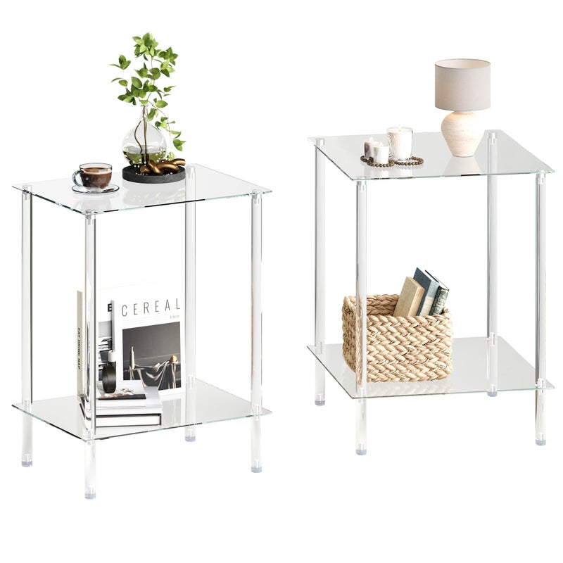 IRCPEN Tempered Glass Side Tables Set of 2 Acrylic End Table with 2 Storage Shelve transparent Bedside simplicity clear 2-Tier Nightstands small Spaces Office Bedroom Living Room Study Transparent ET-008TR - Image 1