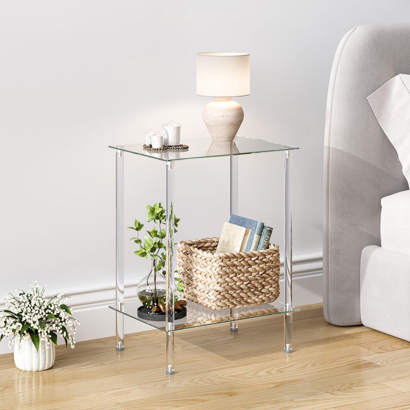 IRCPEN Tempered Glass Side Tables Set of 2 Acrylic End Table with 2 Storage Shelve transparent Bedside simplicity clear 2-Tier Nightstands small Spaces Office Bedroom Living Room Study Transparent ET-008TR - Image 2
