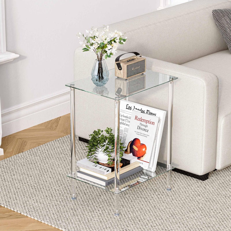 IRCPEN Tempered Glass Side Tables Set of 2 Acrylic End Table with 2 Storage Shelve transparent Bedside simplicity clear 2-Tier Nightstands small Spaces Office Bedroom Living Room Study Transparent ET-008TR - Image 5
