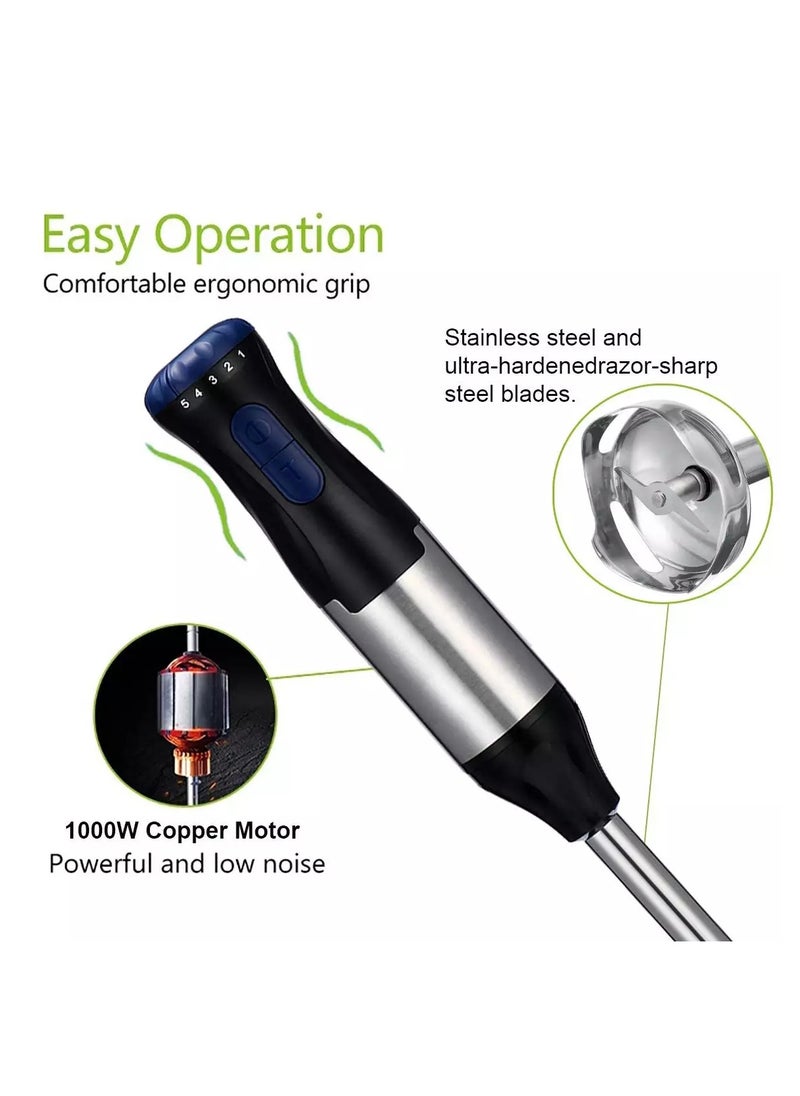Generic - 1000W 4 In 1 Stainless Steel Handheld Blender Multipurpose Blender Kit 5 Speeds with 700ML Mixing Cup and 500ML Meat Grinding Bowl - Image 1