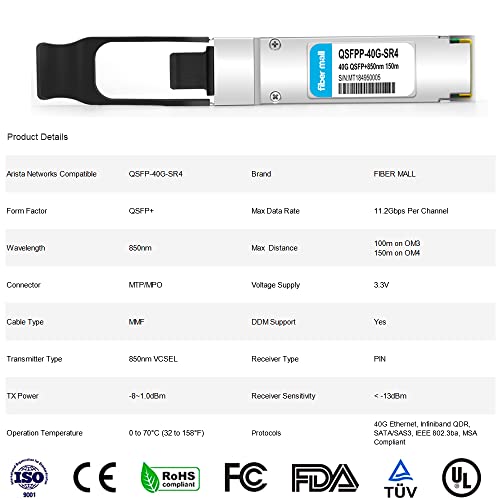 fiber mall 40G QSFP+ SR4 for Arista Networks QSFP-40G-SR4, 40GBASE-SR4 QSFP+ 850nm 150m MTP/MPO DOM Optical Transceiver Module - Image 2