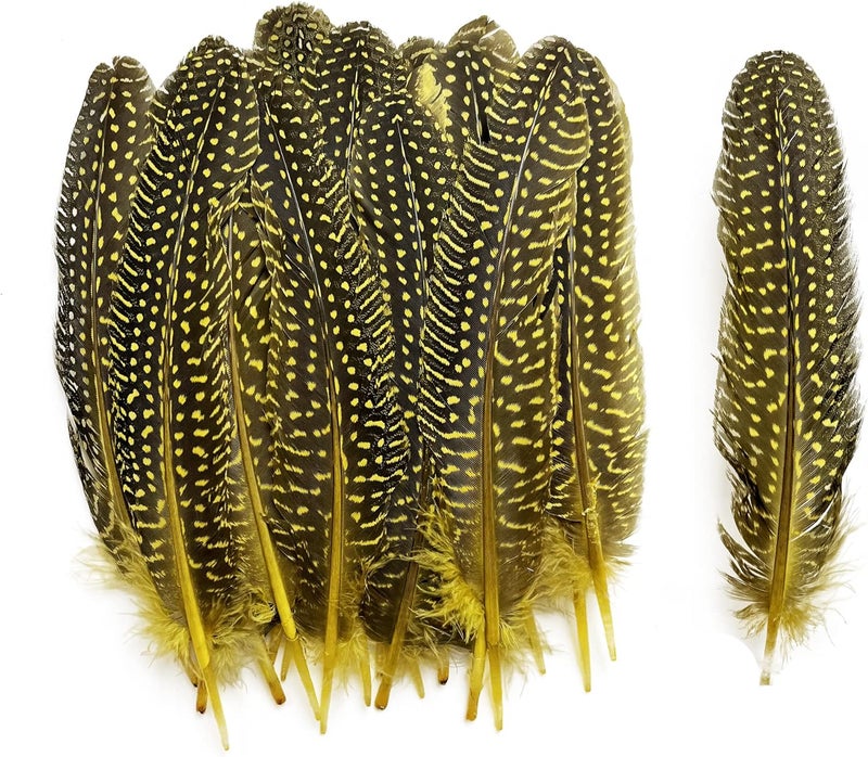 HAPPY FEATHER 6-9 inch Natural Guinea Wing Plumage Feather for DIY Craft, Jewelry and Clothing Decoration Pack of 20-Yellow - Image 1
