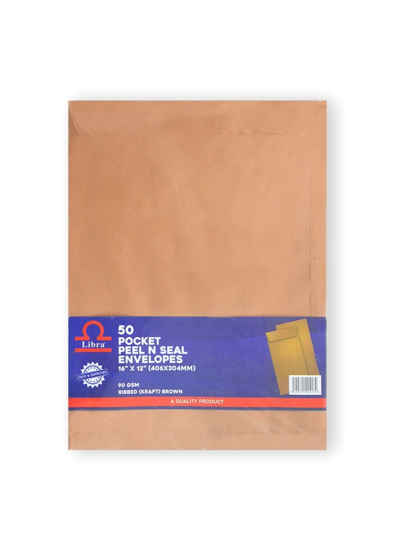 Libra A3 Pocket Ribbed Brown Envelopes, 16×12 – 90GSM (Peel & Seal 50 Pieces Box) - Image 1