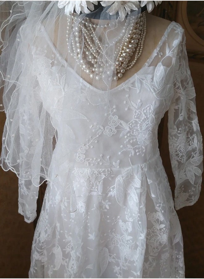 MARGOUN Small Size Women's Elegant Luxury Pure White Lace Tulle Long Sleeve One Shoulder Wedding Dress Bride Gown Full Sleeve A-Line Wedding Dress/SC8801  - Image 5