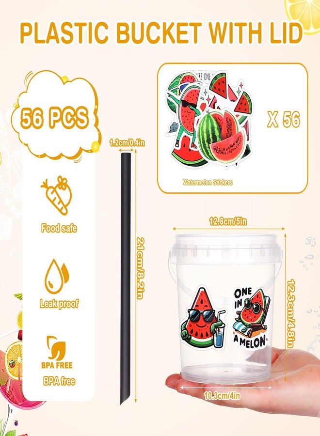 مويلوم 30 دلو مشروبات للحفلات مع أغطية وماصات، علب بلاستيكية شفافة للمشروبات، دلو للاستخدام مرة واحدة مع 50 ملصق بطيخ لحفلات النزهات بجانب المسبح - Image 3