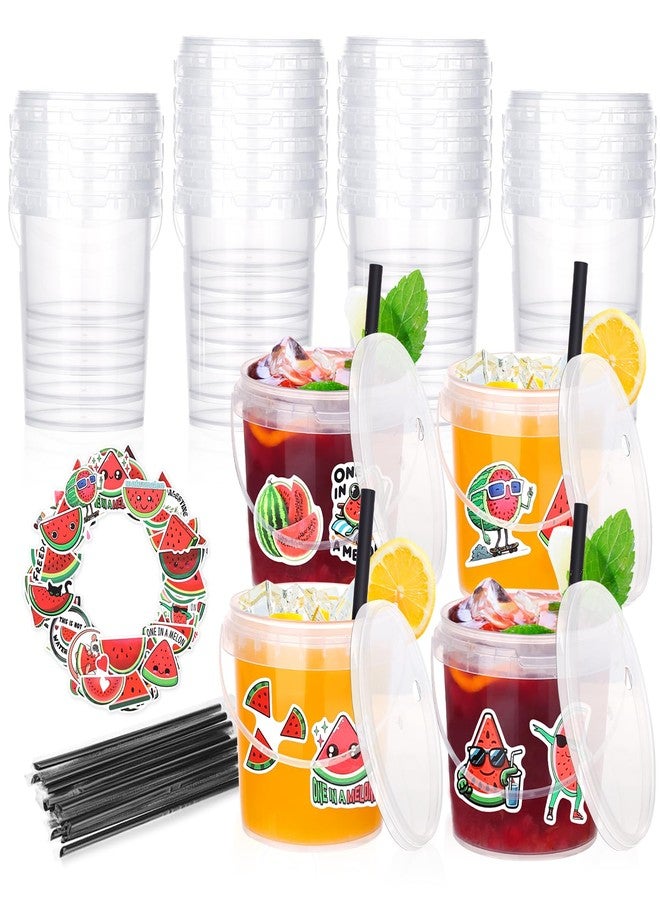 مويلوم 30 دلو مشروبات للحفلات مع أغطية وماصات، علب بلاستيكية شفافة للمشروبات، دلو للاستخدام مرة واحدة مع 50 ملصق بطيخ لحفلات النزهات بجانب المسبح - Image 1