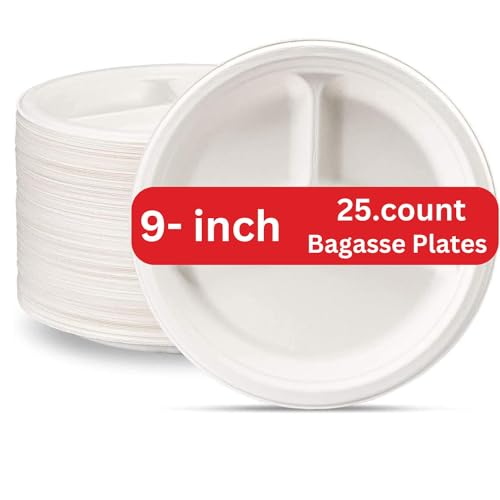 upyog 25-Pack Disposable Bagasse Plates, 9 Inch, 3-Compartment, Eco-Friendly Biodegradable Sugarcane Paper Plates, White, Ideal for Parties - Image 1