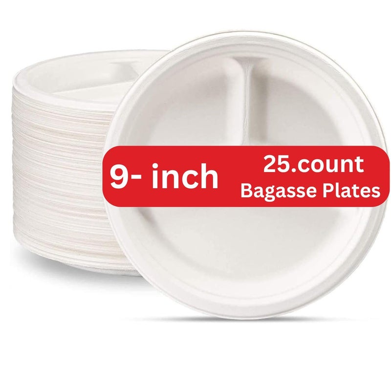 upyog 25-Pack Disposable Bagasse Plates, 9 Inch, 3-Compartment, Eco-Friendly Biodegradable Sugarcane Paper Plates, White, Ideal for Parties - Image 5