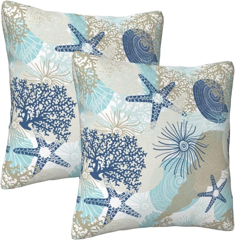 Poream Beach Ocean Starfish Seashell Nautical Coastal Throw Pillow Covers 20x20 in Farmhouse Pillow Case Soft Outdoor Cushion Covers Set of 2 for Sofa Bed Bedroom Car Chair Living Room Home Decorative - Image 2