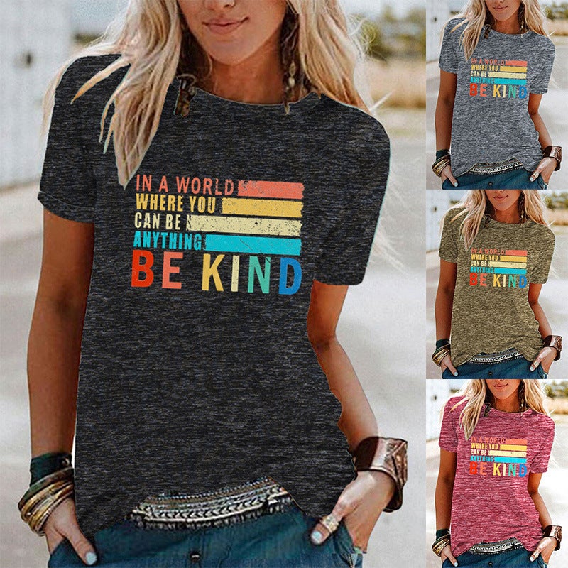 Cross-border wish ebay Amazon be kind pattern printed contrast short sleeve t-shirt for women - Image 2