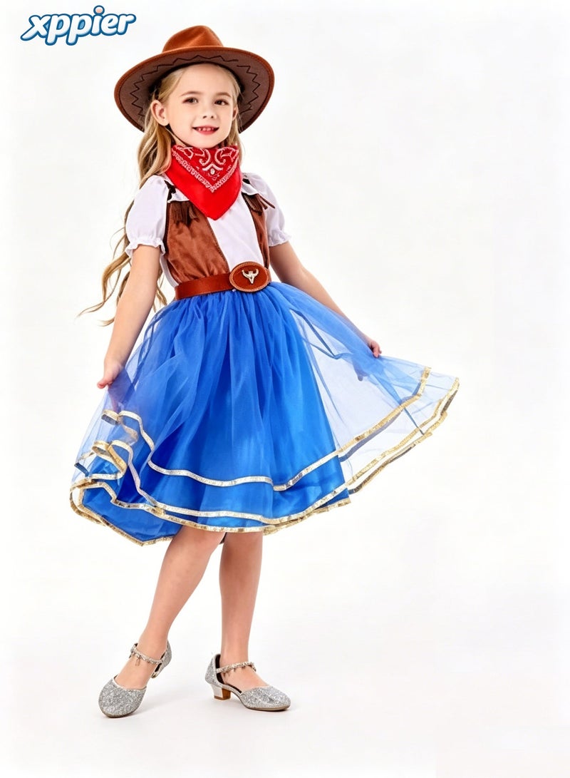 xppier Kids Girls Western Cowgirl Costume with Hat Belt and Red Scarf, Classic Cowboy Fancy Dress Outfit for Halloween, Carnival, Birthday Theme Party, Children Cosplay Costume for 6-8 Years Old - Image 1