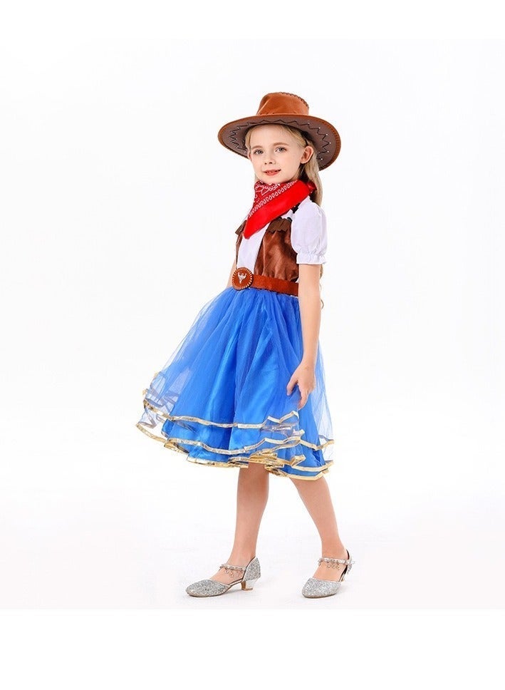 xppier Kids Girls Western Cowgirl Costume with Hat Belt and Red Scarf, Classic Cowboy Fancy Dress Outfit for Halloween, Carnival, Birthday Theme Party, Children Cosplay Costume for 6-8 Years Old - Image 4
