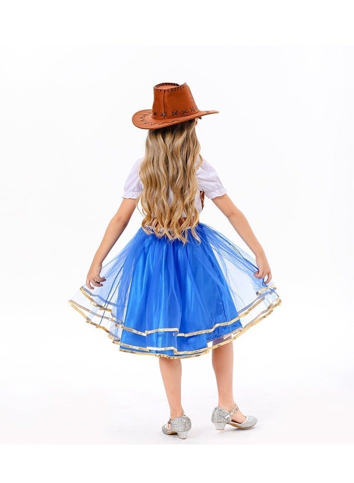 xppier Kids Girls Western Cowgirl Costume with Hat Belt and Red Scarf, Classic Cowboy Fancy Dress Outfit for Halloween, Carnival, Birthday Theme Party, Children Cosplay Costume for 6-8 Years Old - Image 3