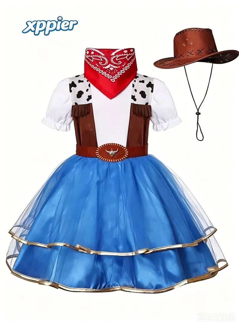 xppier Kids Girls Western Cowgirl Costume with Hat Belt and Red Scarf, Classic Cowboy Fancy Dress Outfit for Halloween, Carnival, Birthday Theme Party, Children Cosplay Costume for 6-8 Years Old - Image 2