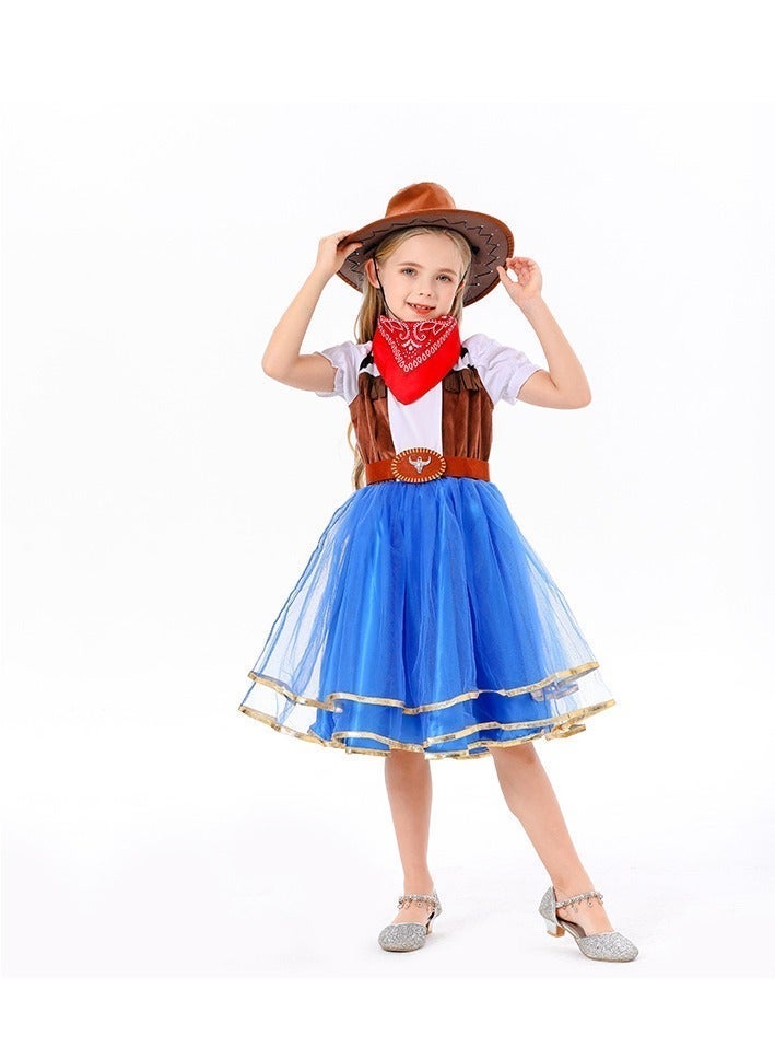 xppier Kids Girls Western Cowgirl Costume with Hat Belt and Red Scarf, Classic Cowboy Fancy Dress Outfit for Halloween, Carnival, Birthday Theme Party, Children Cosplay Costume for 6-8 Years Old - Image 5