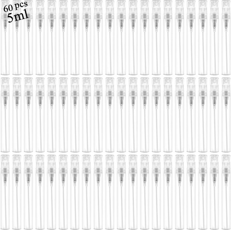 Csdtylh زجاجة رذاذ صغيرة، حاويات عينة فارغة من البلاستيك الشفاف، زجاجة رذاذ عطر قابلة لإعادة التعبئة للسفر، رذاذ عطر صغير محمول للتنظيف، السفر، الزيوت الأساسية (60، 5 مل)