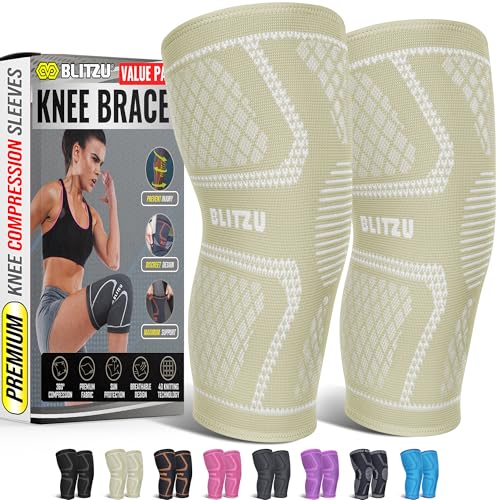 BLITZU Knee Brace for Women & Men, 2 Pack Compression Knee Brace, Knee Support Sleeve for Pain Relief, Running, Workout, Sports, Knee Braces for ACL, Meniscus Tear, Arthritis, Injury Recovery Beige M - Image 1