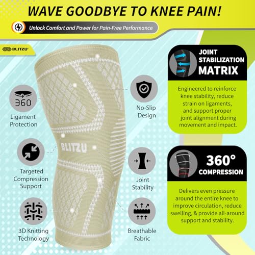 BLITZU Knee Brace for Women & Men, 2 Pack Compression Knee Brace, Knee Support Sleeve for Pain Relief, Running, Workout, Sports, Knee Braces for ACL, Meniscus Tear, Arthritis, Injury Recovery Beige M - Image 3