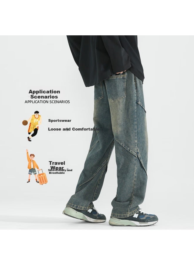 Dingfengbaoluo American High Street Men's Jeans Spring And Summer Season Niche Casual Retro Loose Straight Wide Leg Pants 9328 Blue XL - Image 1